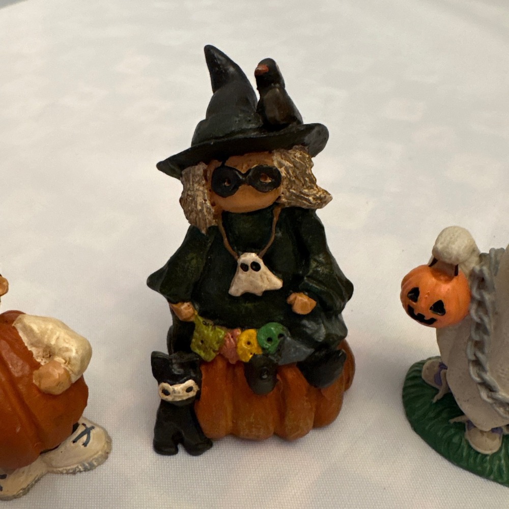 1990s Halloween Figurines Witch Ghost Pumpkin Boy Fall Decorations Set of 3 - Picture 3 of 10